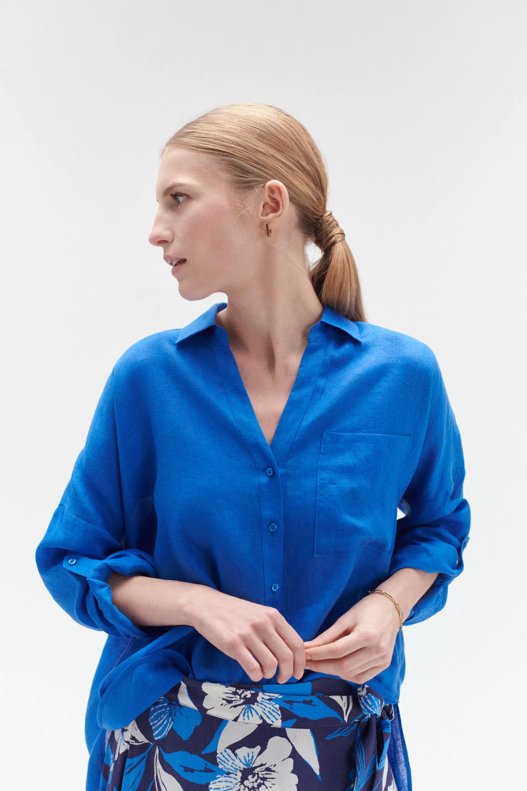 Online Chemise Sandy Oversize 100% Lin Bleu Electrique Femme Chemises