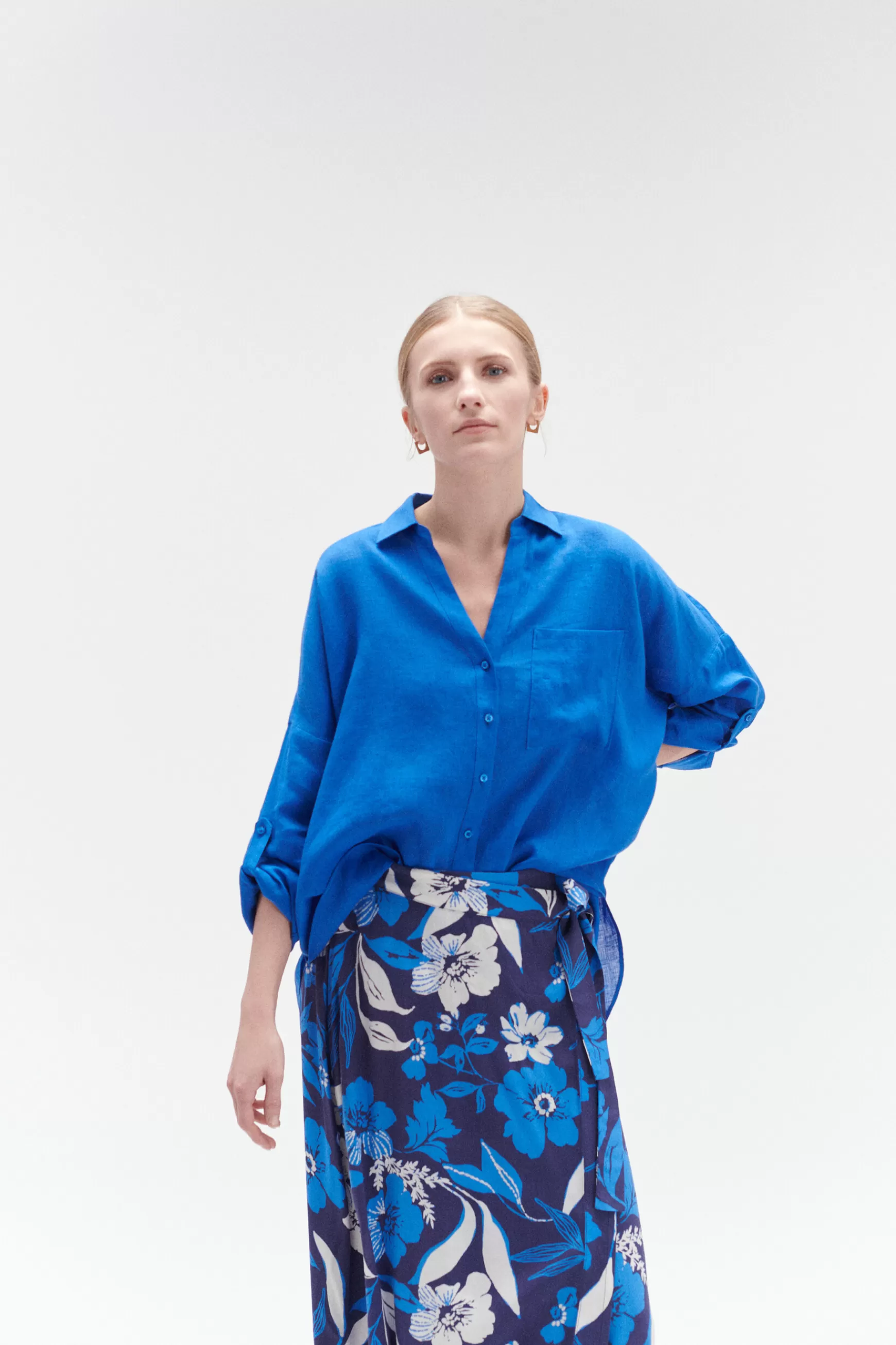 Online Chemise Sandy Oversize 100% Lin Bleu Electrique Femme Chemises